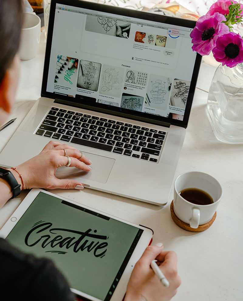 graphic design learning and tablet with "create"
