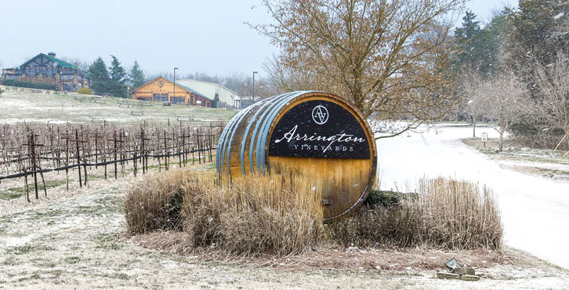 Architectural photo of Arrington vineyards entrance in the winter.