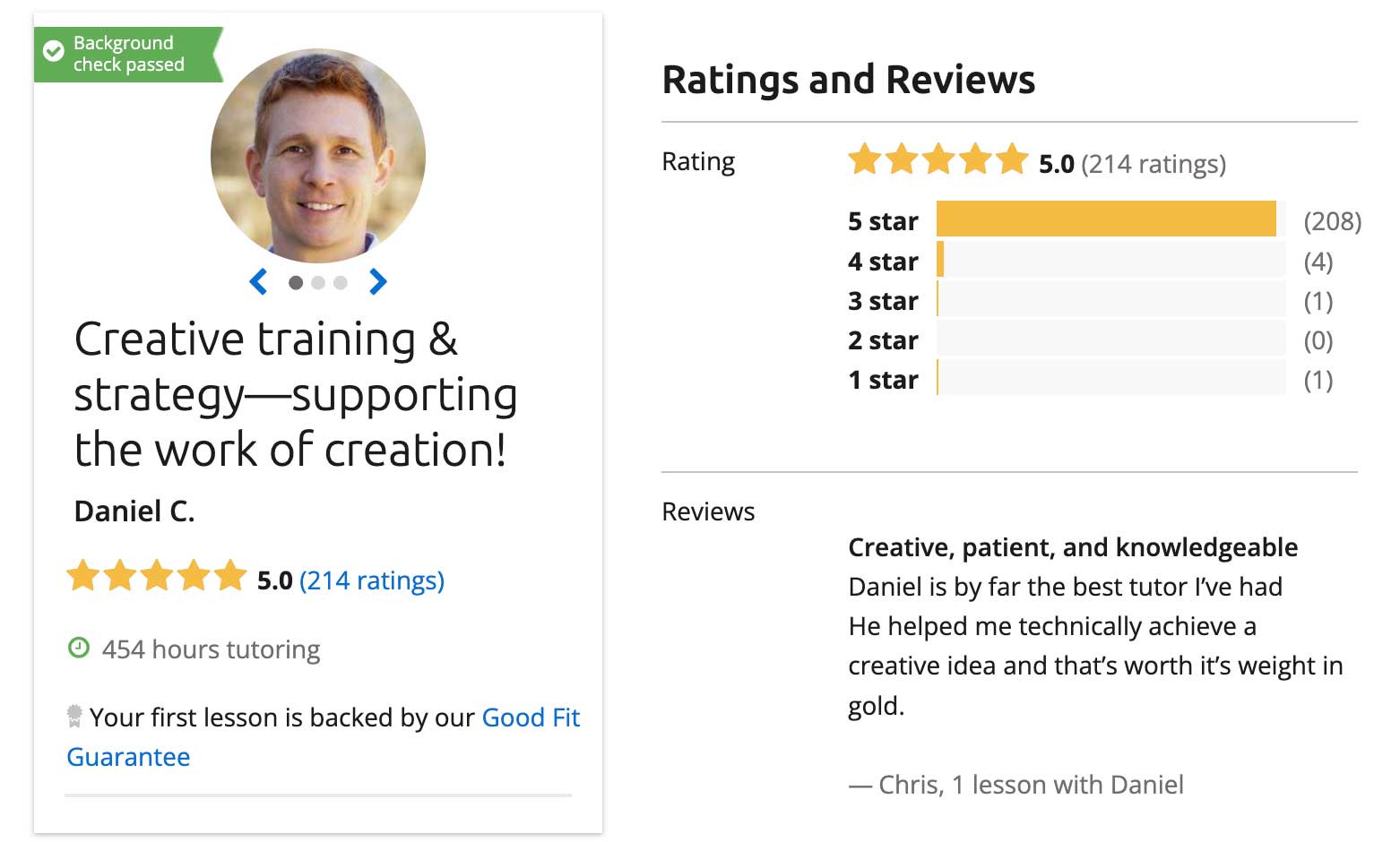 Tutoring profile badge shows ratings and reviews, best fit guaratnee, and background check.