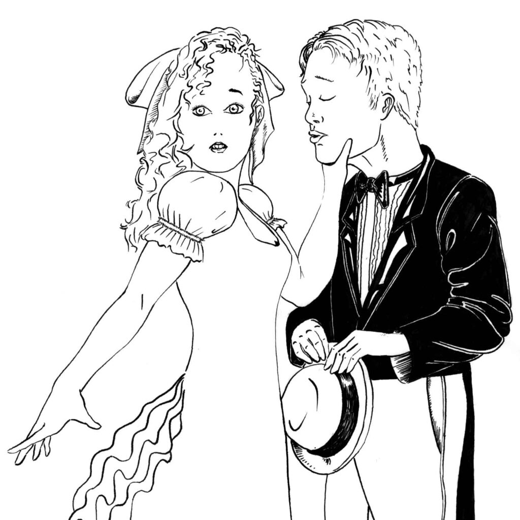 Pen and Ink illustration by Daniel Rg Crandall. Drawing for a T-shirt design. Boy attempting to kiss a girl. but she is turning her head with a surprised look.