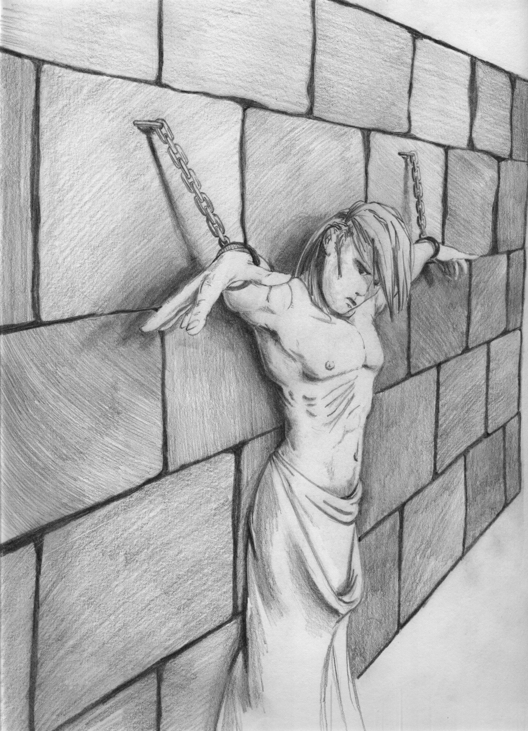 Pencil drawing by Daniel Rg Crandall of a man chained to a wall in a dungeon. Drawing for a publication cover.