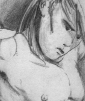 CLoseup of the face from the pencil drawing, "Chained Man," by Daniel Rg Crandall
