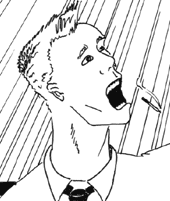 detail of a comic book illustration by Daniel Rg Crandall. Line art of man, surprised, frozen in motion as a cigarette is falling from his mouth.