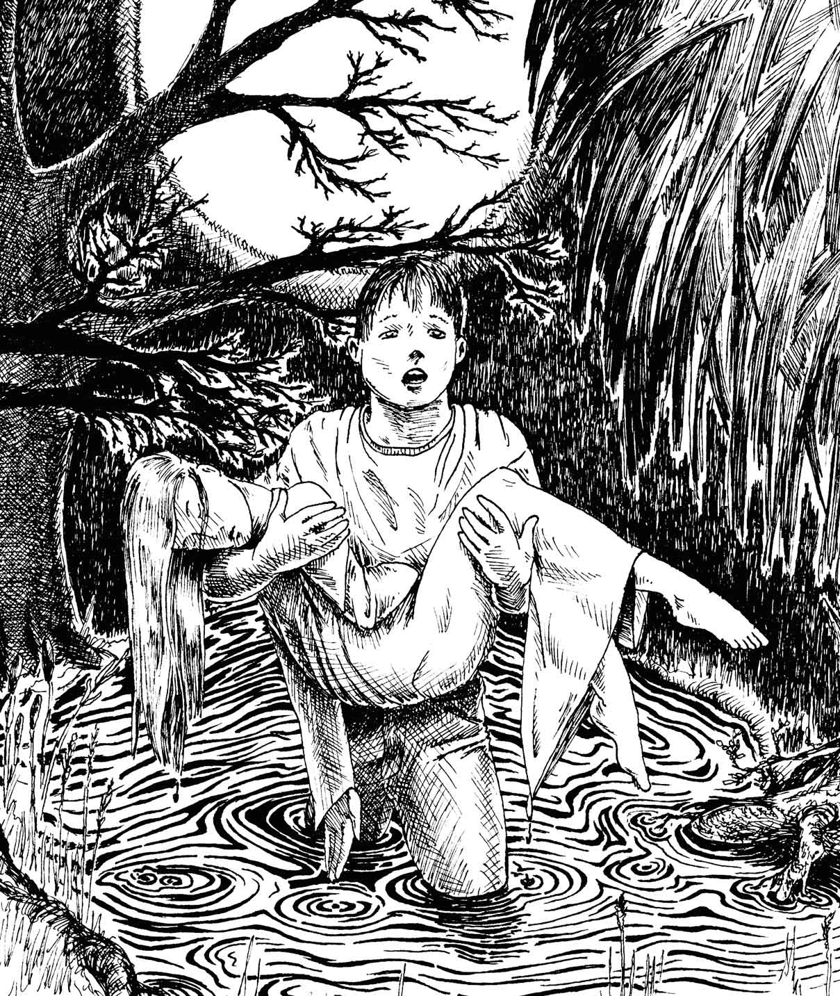 Pen and ink illustration by Daniel Rg Crandall, title "Rescuer".
